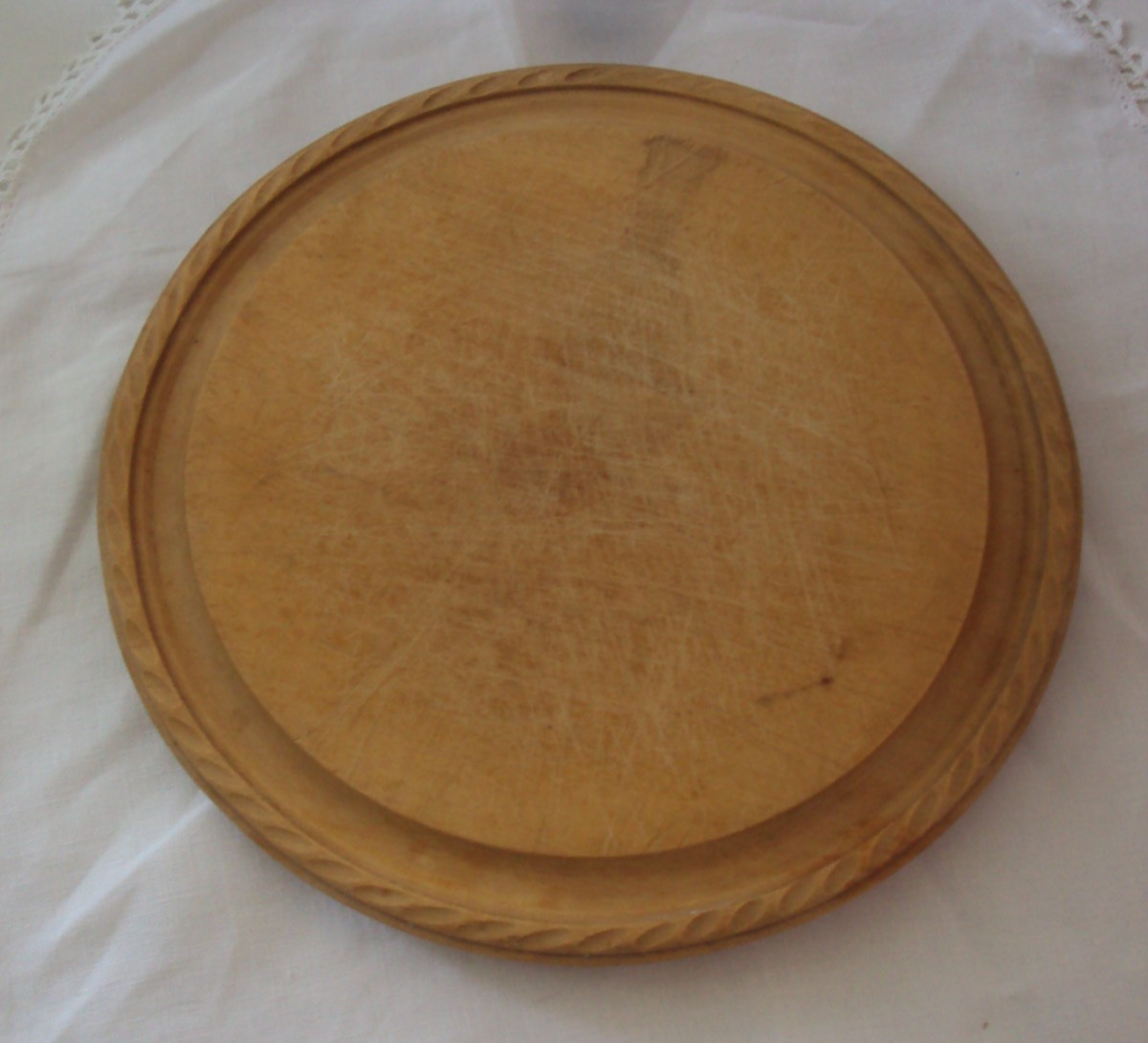 Primitive Round Wood Carved Bread Board Approx. 9.75″
