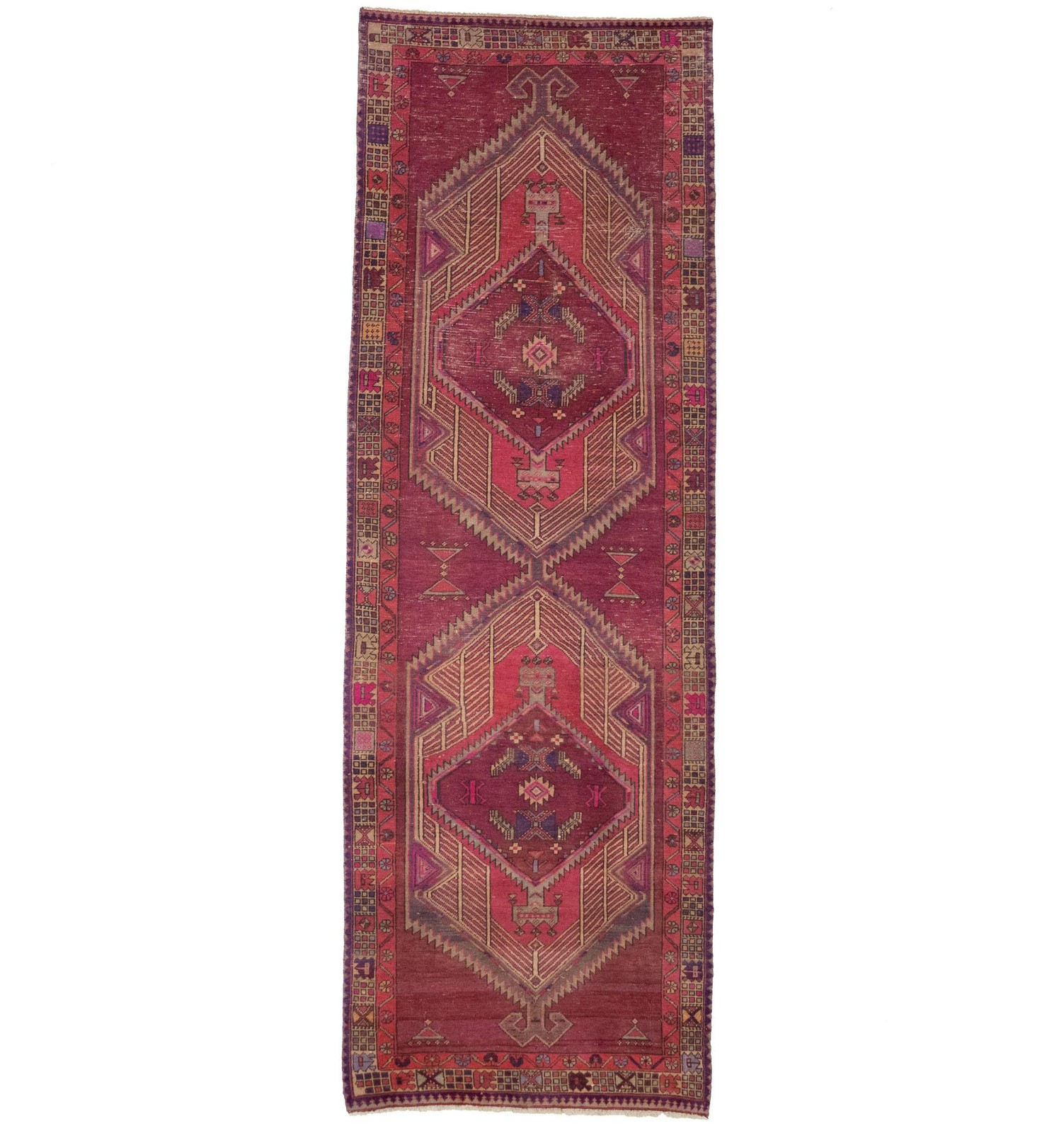 Vintage Handmade Wool Oriental Runner Rug 4X11 ft Geometric Tribal Style Carpet