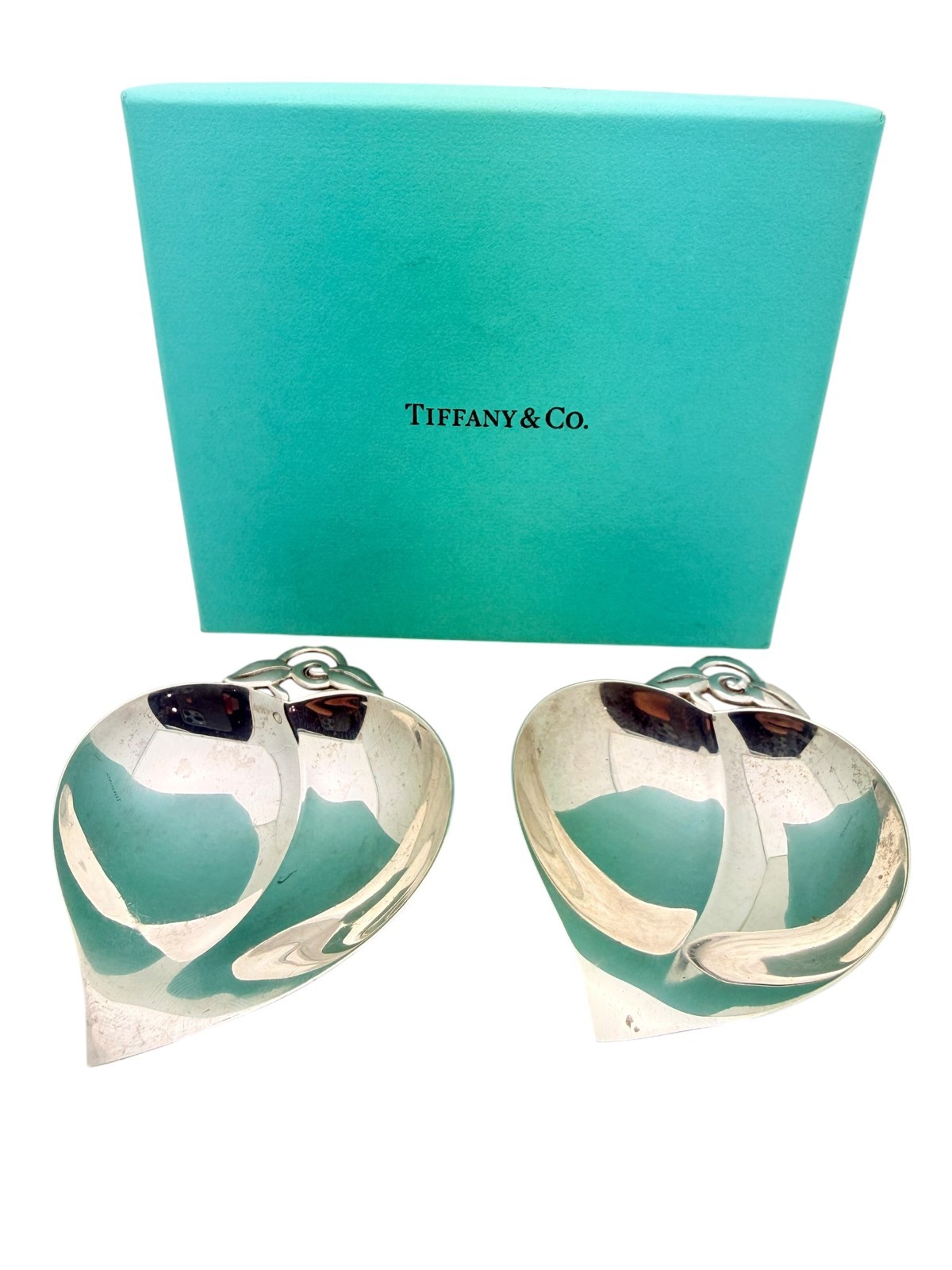Pair Of Tiffany & Co. Sterling Silver Leaf Heart Form Nut Trinket Dishes – Box!