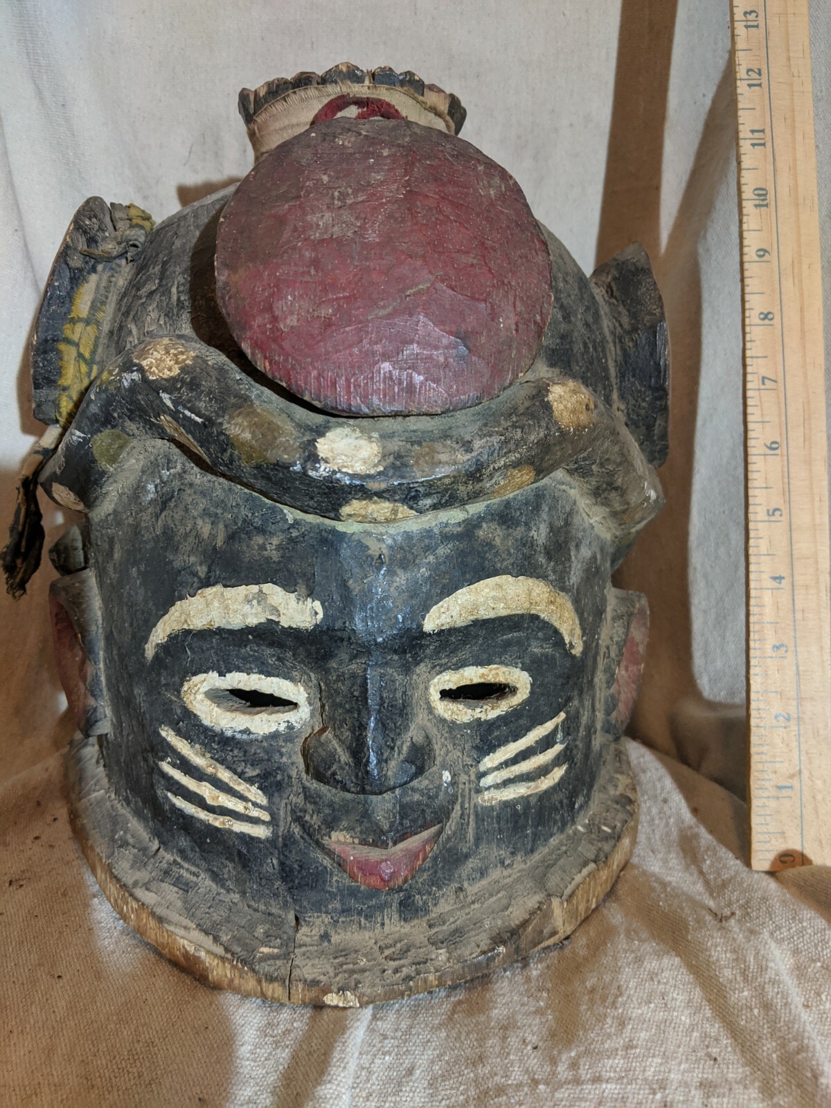 Helmet Mask with Carved Snake and Colorants — Authentic African Wood Art