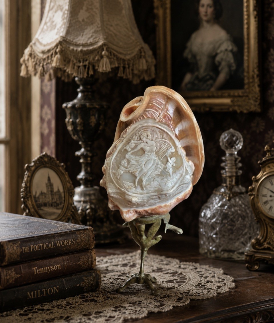 Large Hand Carved Shell Cameo Sculpture Italian Helmet Shell Muse & Cherubs 6”