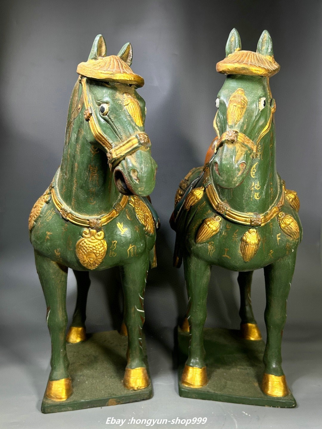 17.3″Old Dynasty Pottery Gilt Words Zodiac Year Animal Horse Beast Statue Pair