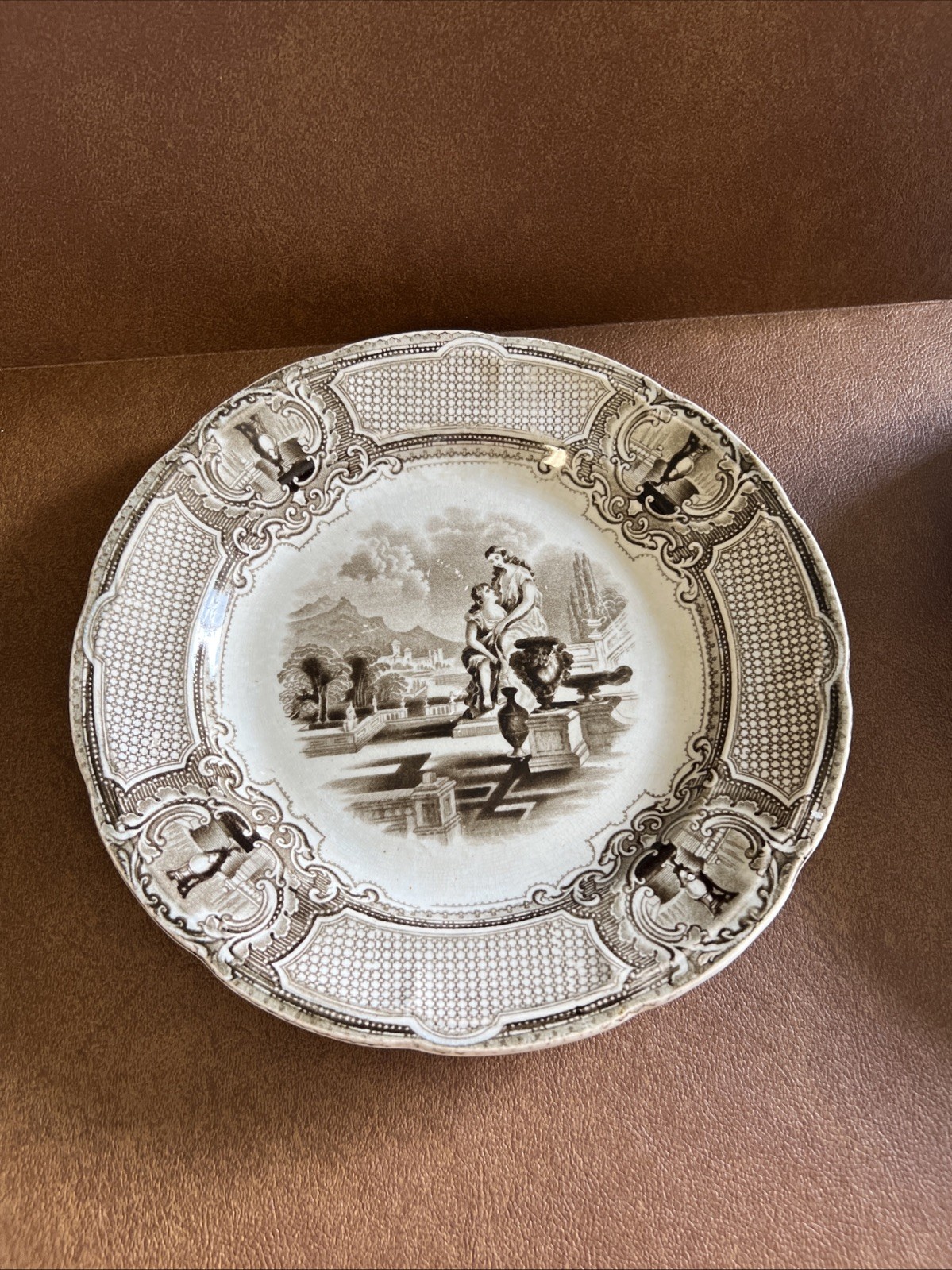 1852 Antique ATHENA PLATE brown transferware Marple Turner goddess vtg