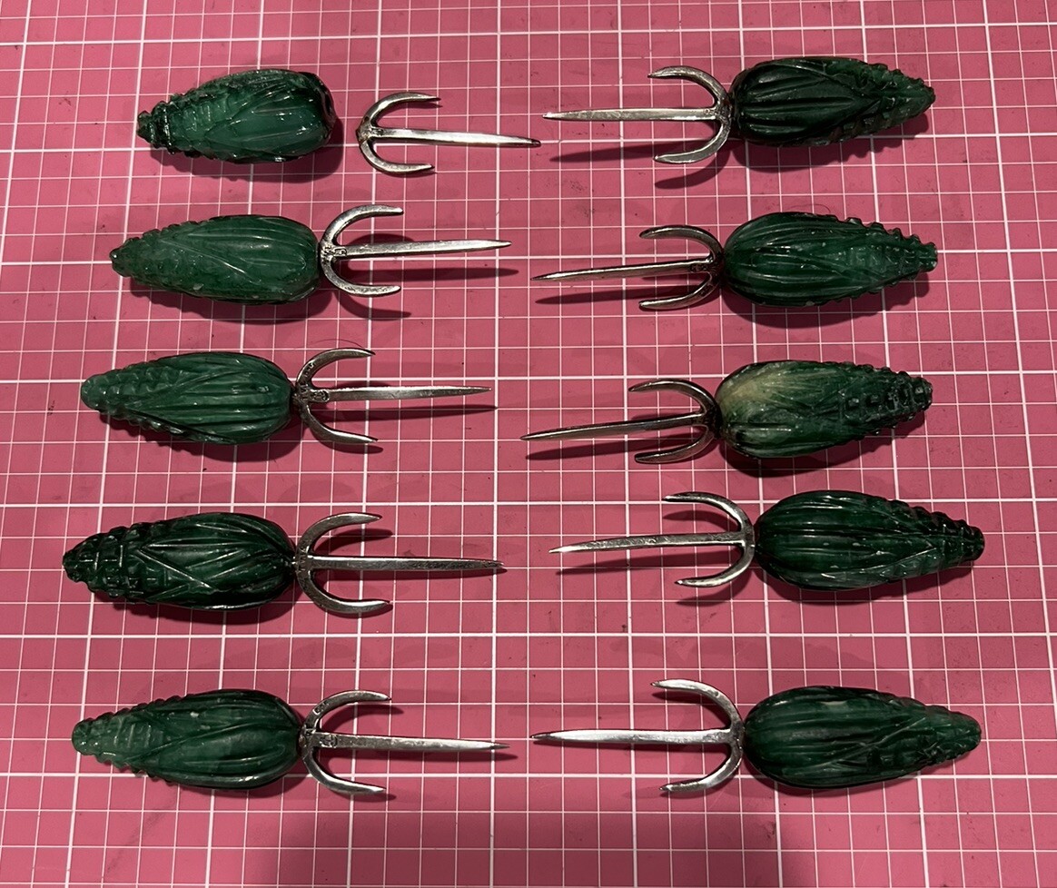 Antique Rare Carved Jade and Sterling Silver 925 Corn Cob Holders Set Of 10