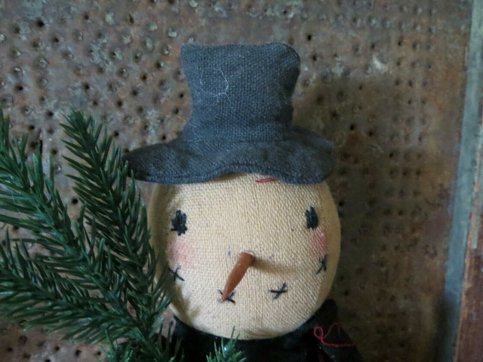 Grubby Primitive Rustic Christmas SNOWMAN w Red Black Flannel Overalls Doll