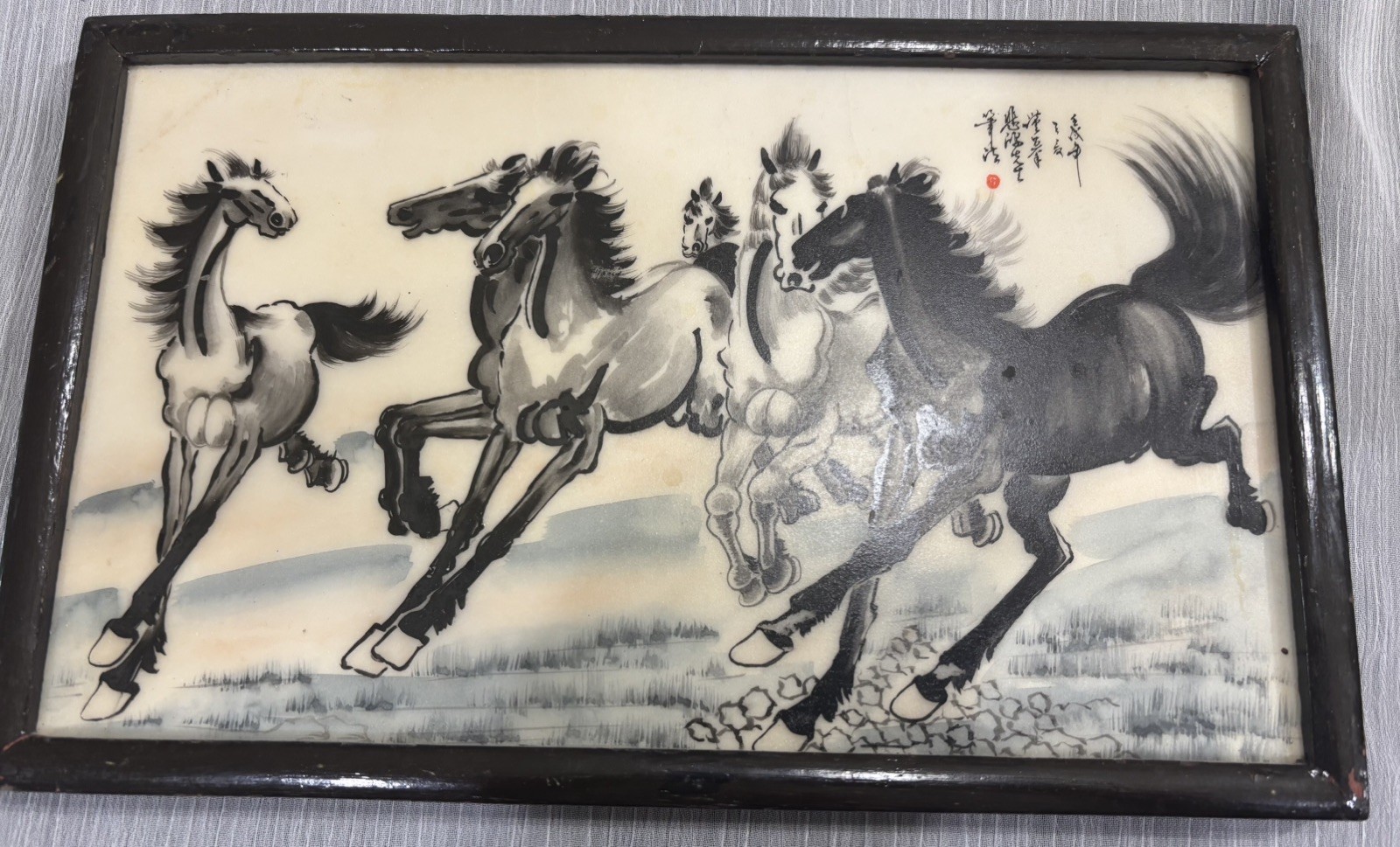 Hand Painted Chinese Ink Tile Galloping Horse Rosewood Frame Signed XU Beijing