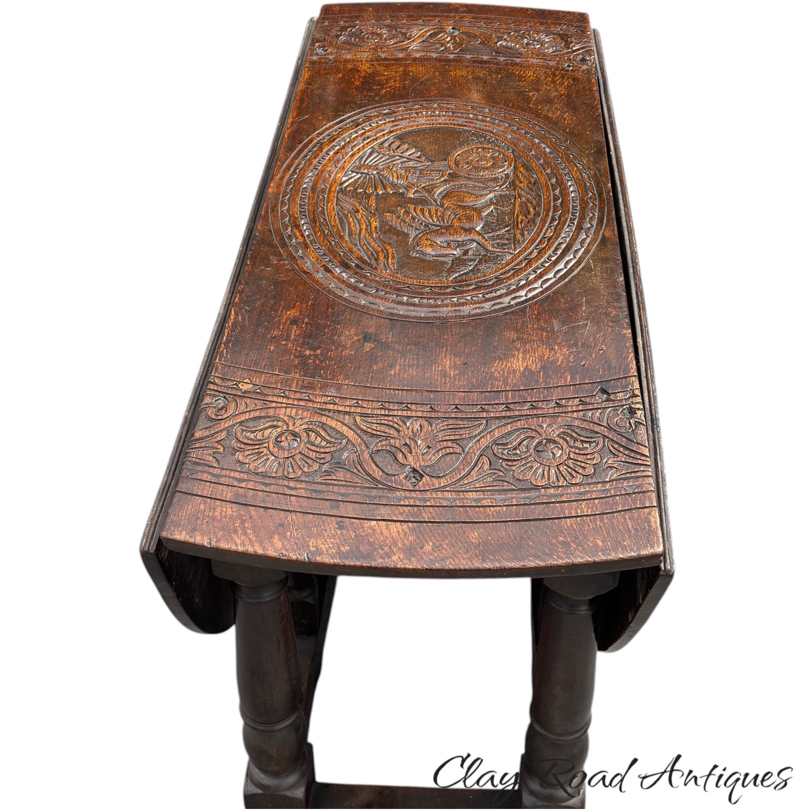 antique 18th Oak gate leg table stretcher base farm house William Mary pegged