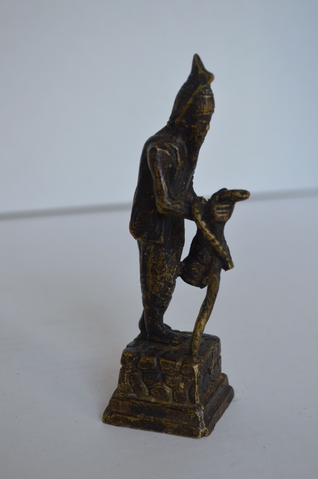 Antique Bronze Chinese Statue Man Using Snake As A Kane.