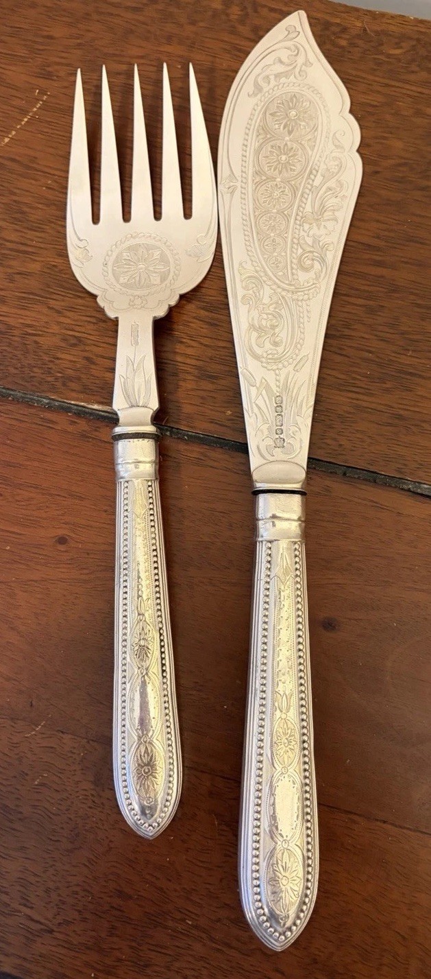 Ornate Victorian Large English Silver Plated Fish Serving Set