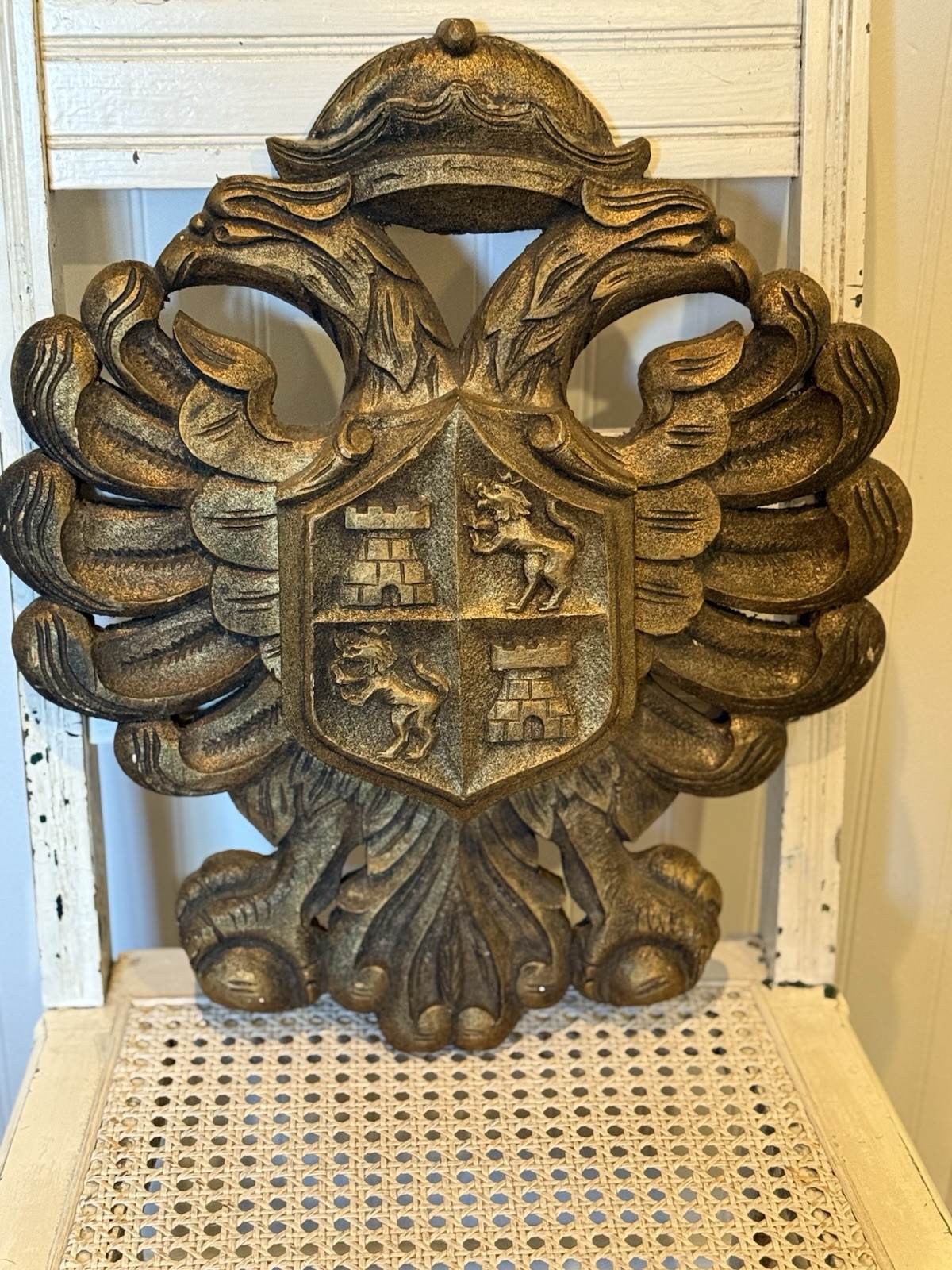Antique Wooden Carved Gold Gilded Coat of Arms Toldeo Spain Lion Castle Eagles