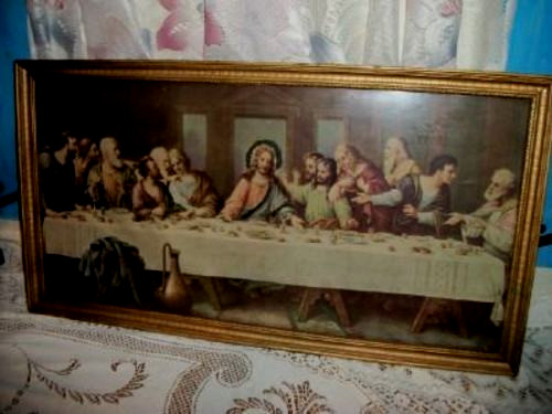Antique Glitter Last Supper Print Jesus Halo 1920s Lithograph Gold Wood Frame
