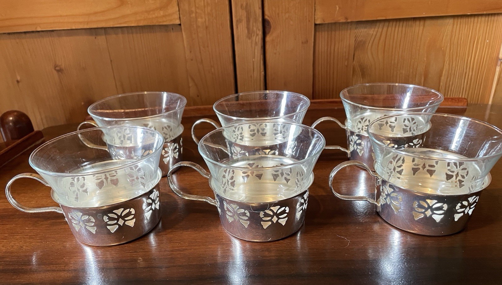 Vintage Set Of 6 BMF Glass Teacups With Silver Plate Holders