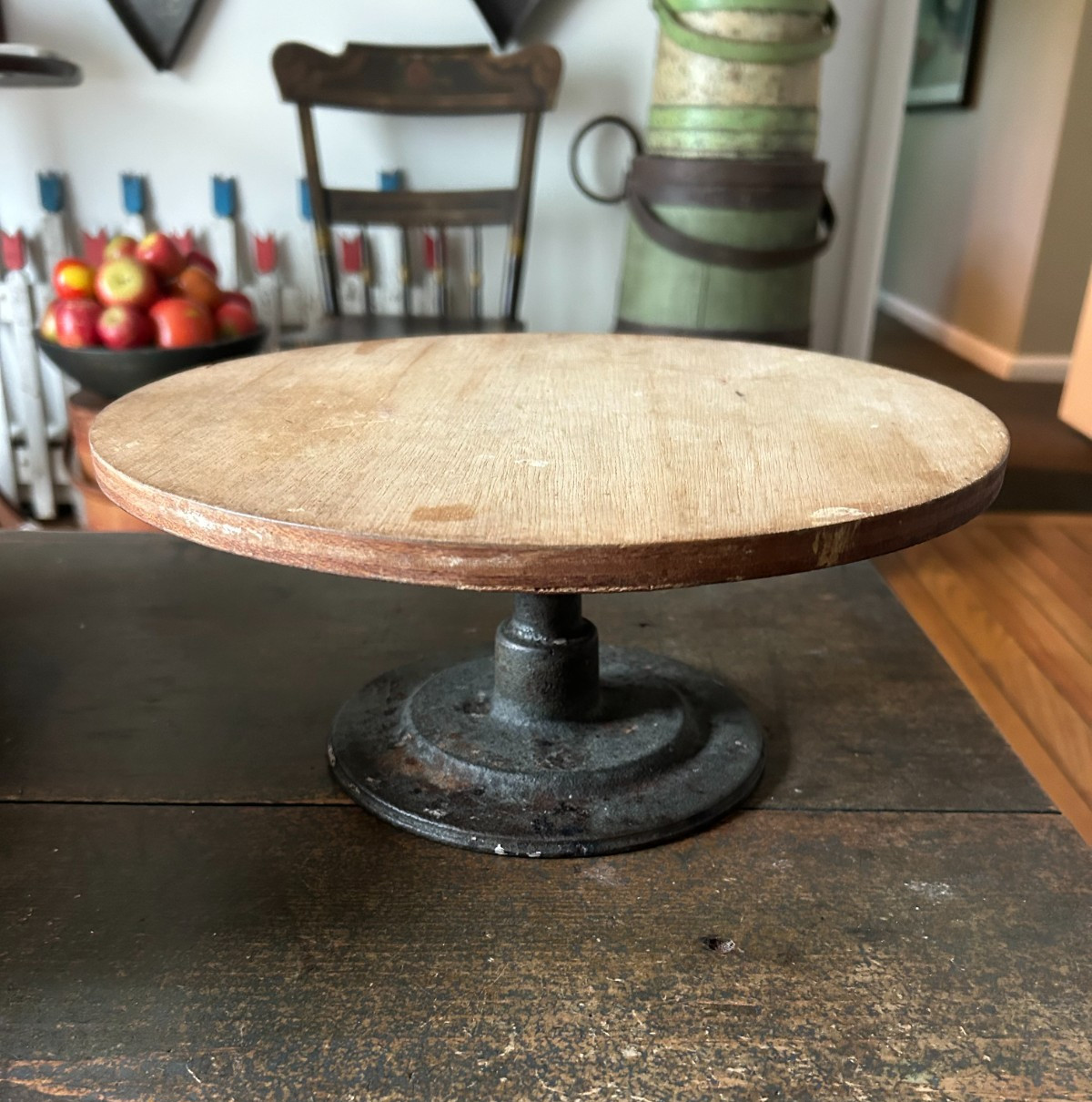 Antique Iron and Wood Rotating Cake Display / Decorating Stand