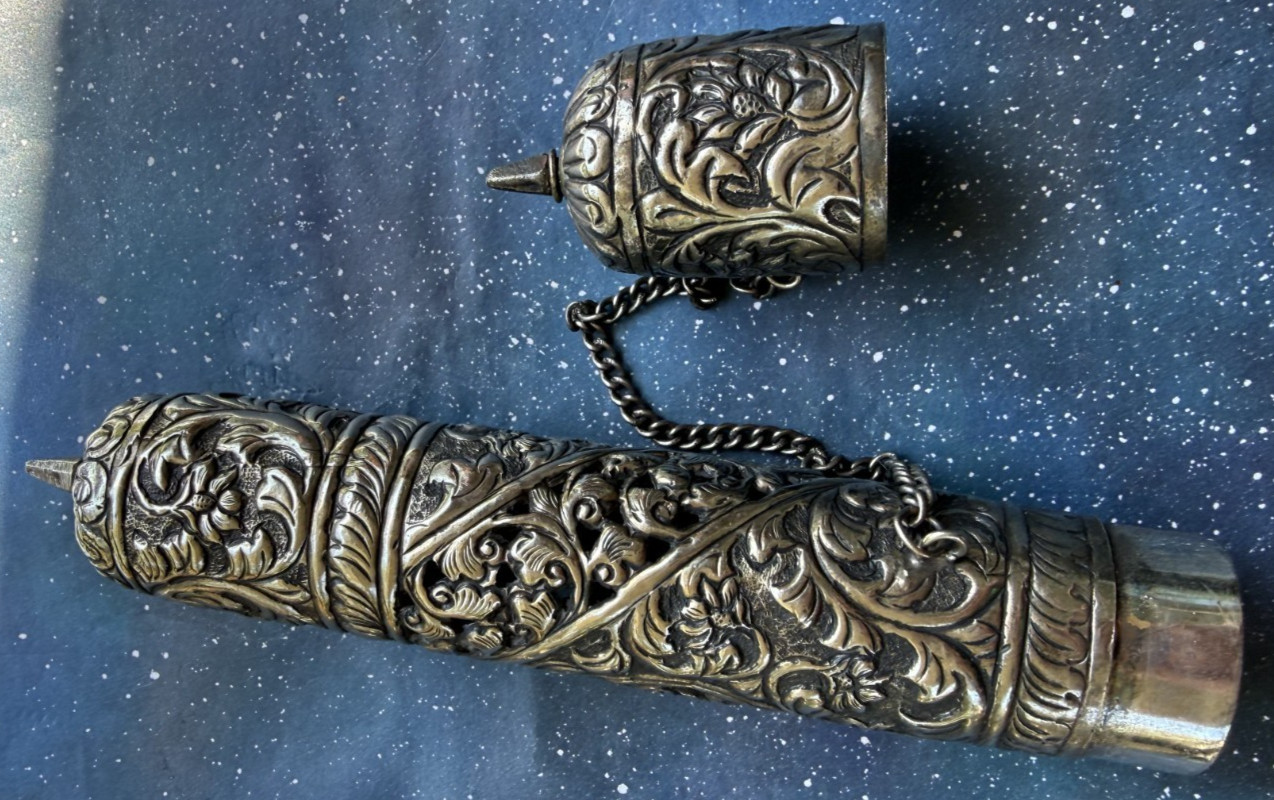 Antique Silver Scroll Holder Container-Repousse Designs Ornate 8.5″ Unmarked