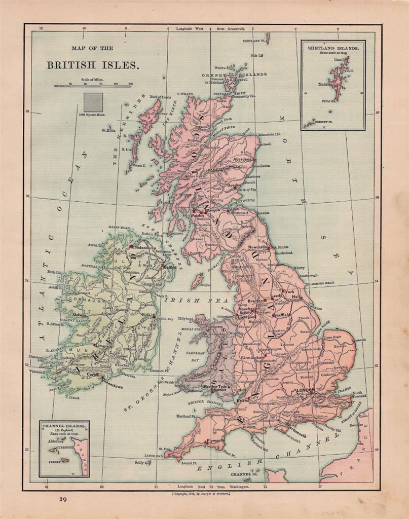 1880 HARPER’S SCHOOL GEOGRAPHY ATLAS-MAP OF THE BRITISH ISLES-ENGLAND, SCOTLAND