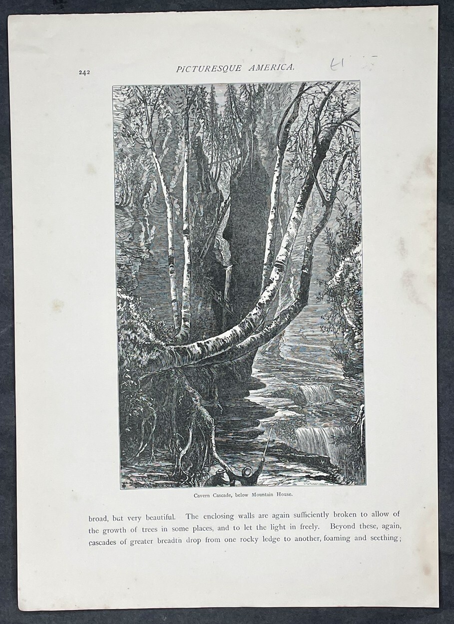 1874 Picturesque America Antique Print Waterfall at Watkins Glen, New York