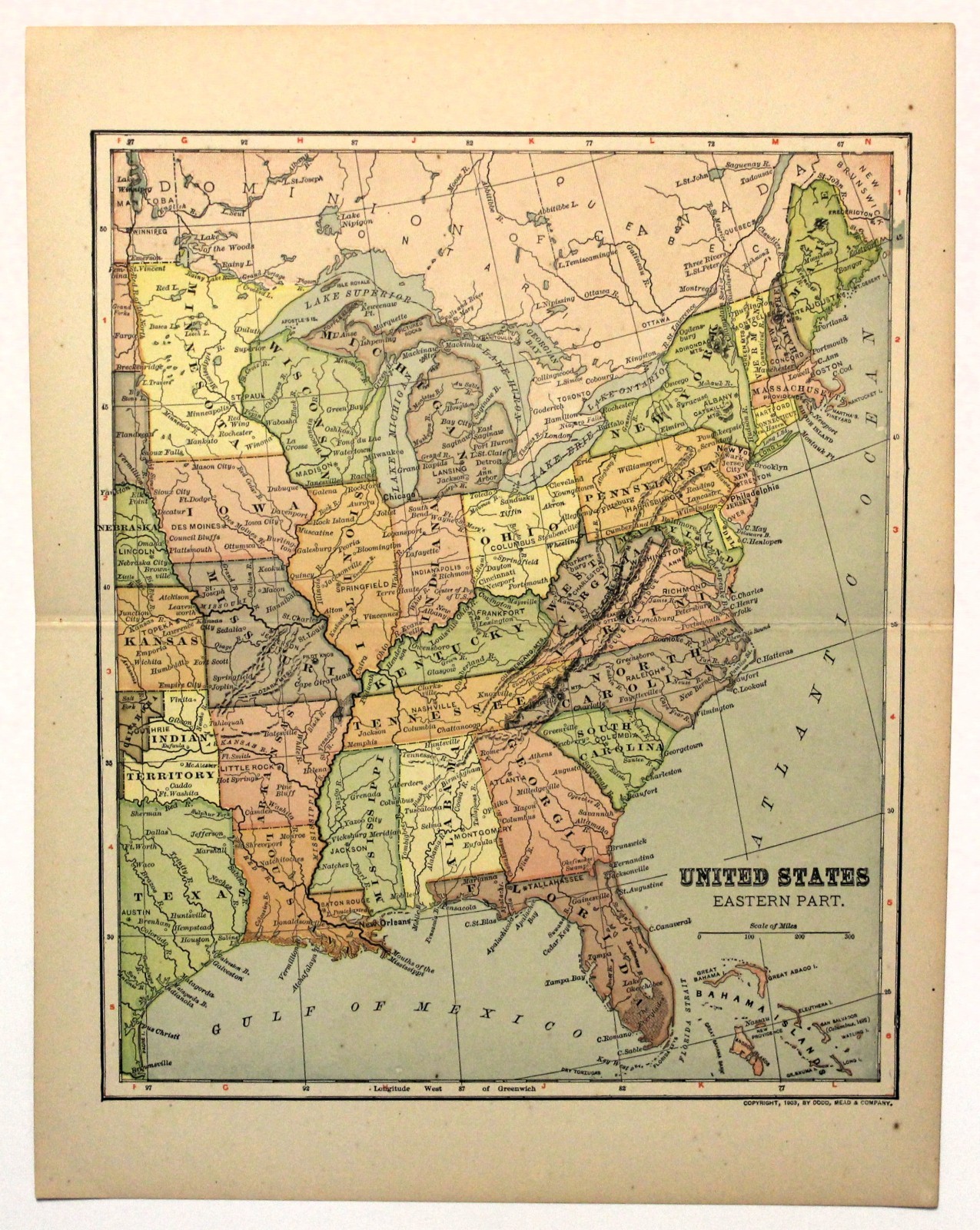 1904 Eastern United States Antique Map Civil War States NY FL GA PA VA