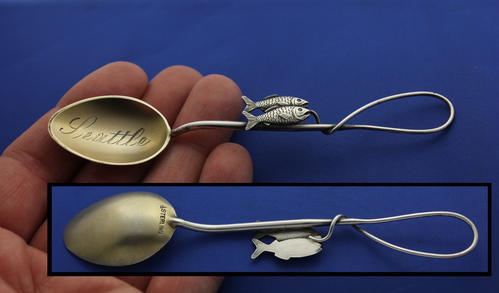 Sterling Silver Seattle WA Herring Salmon 2 Fish w Pole Line Souvenir Spoon OLD