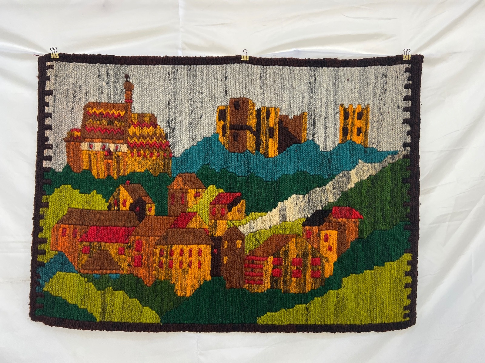 Vintage Handwoven Pictorial Rug Wall Hanging Castle Village Landscape Tapestry