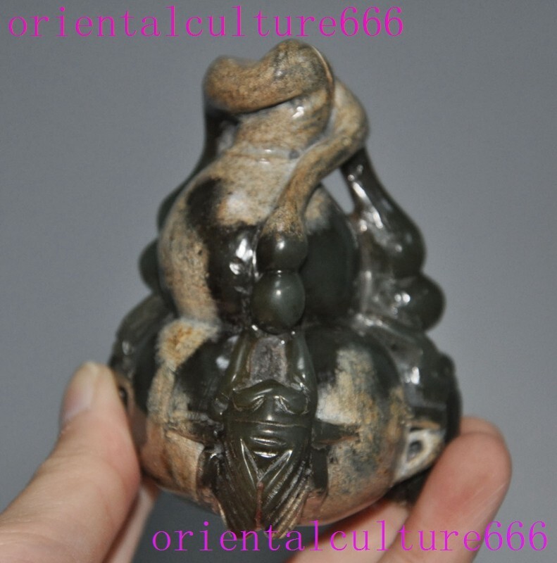 3.2″China ancient hetian Old Jade Carved fengshui wealth cicada calabash statue