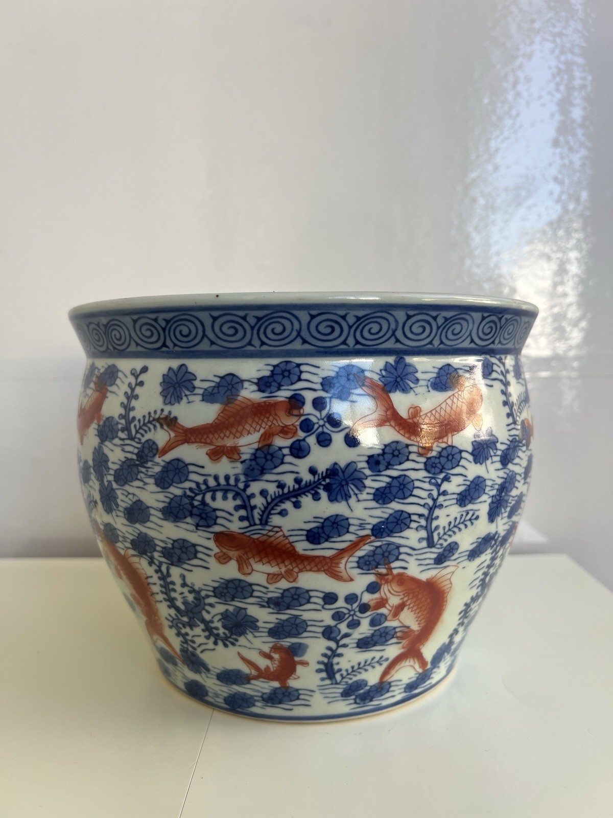 Chinese Blue & White Iron‑Red Carp Fish Algae Porcelain Brush Pot / Jardinière