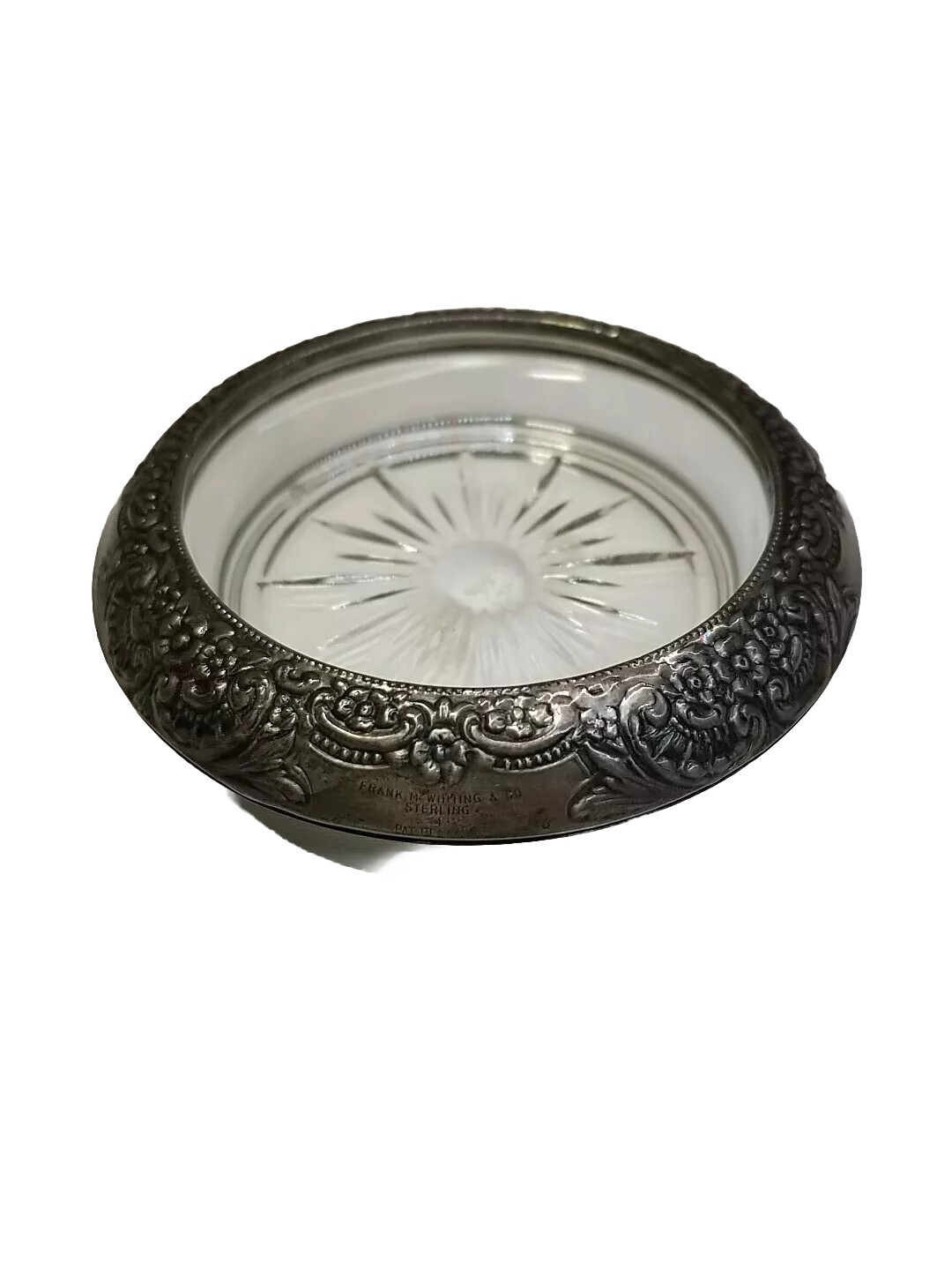VTG Frank M Whiting Sterling Silver Rose Rim Starburst Glass Wine Coaster Dish