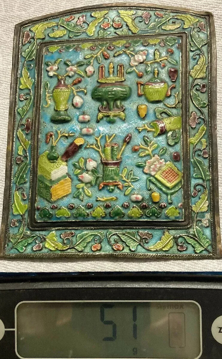 Large Antique Asian Silver Cloisonne Repousse Enamel Pictorial Piece