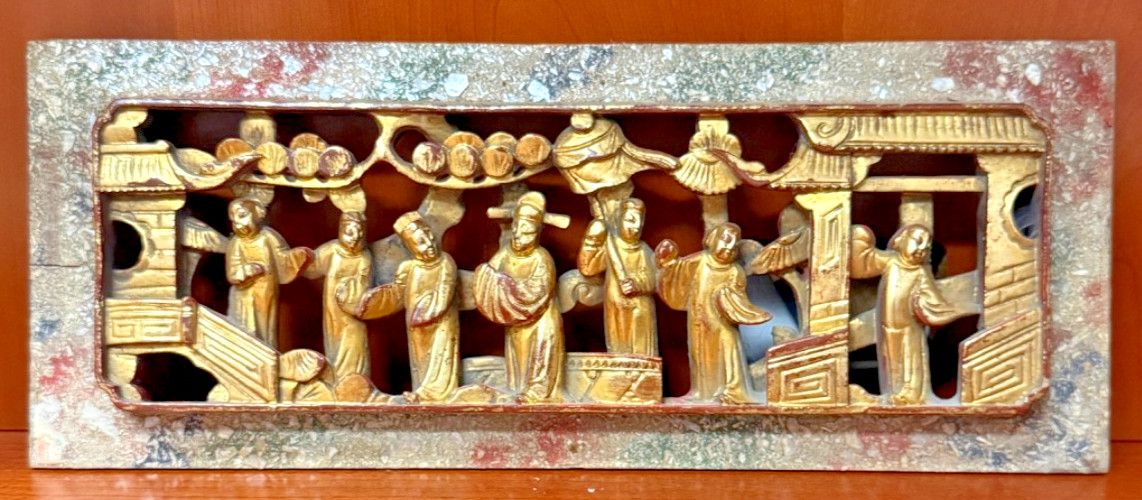 Antique Chinese Qing Red Gold-Gilt High Relief Carved Wood Court Scene Panel
