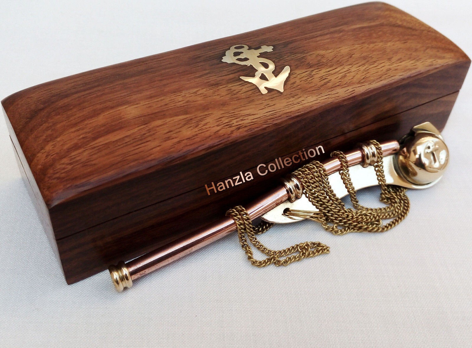 Brass / Copper Nautical Bosun Call Pipe Boatswain Whistle With Wooden Box Gift