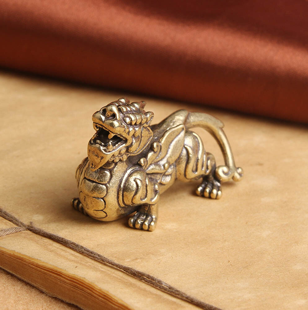 1.9″ Curio Chinese Bronze Kylin Chi-lin Qilin Pixiu Pi Xiu Beast Statue Gifts US