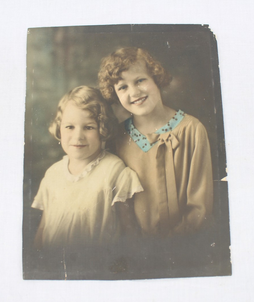 Vintage Hand Tinted Portrait Photo Two Girls 1920s 7×9 Mounted Art Deco Photogra