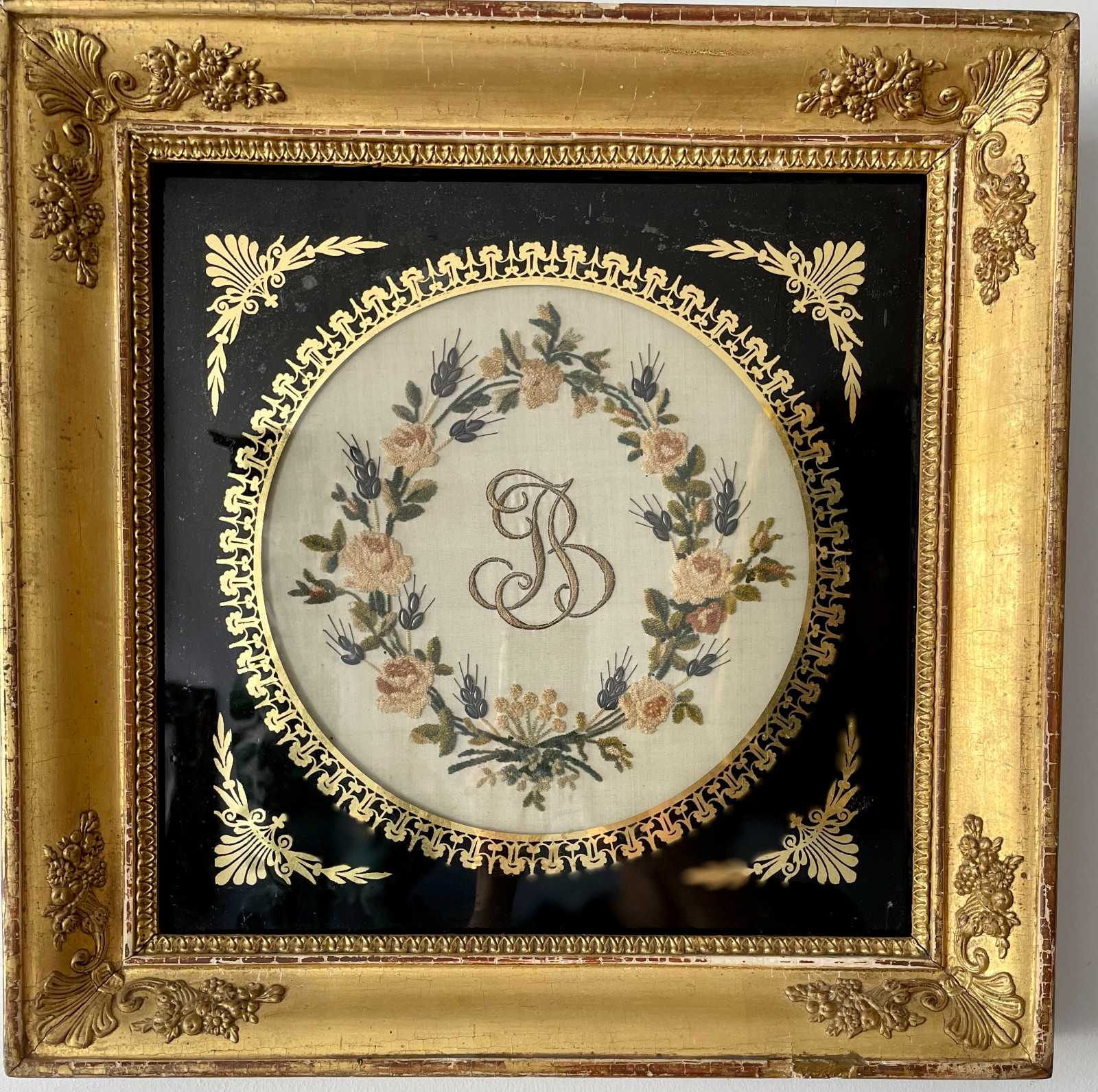 French Antique Silk Embroidered Initials and Floral Wreath in Giltwood Frame