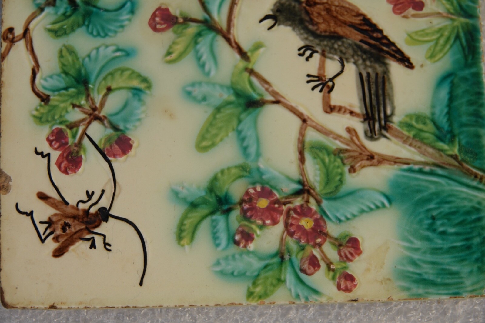 ANTIQUE WALL TILE CHERRY TREE W/ BIRD AND FLY ARTIST GEORG SCHMIDER GERMANY