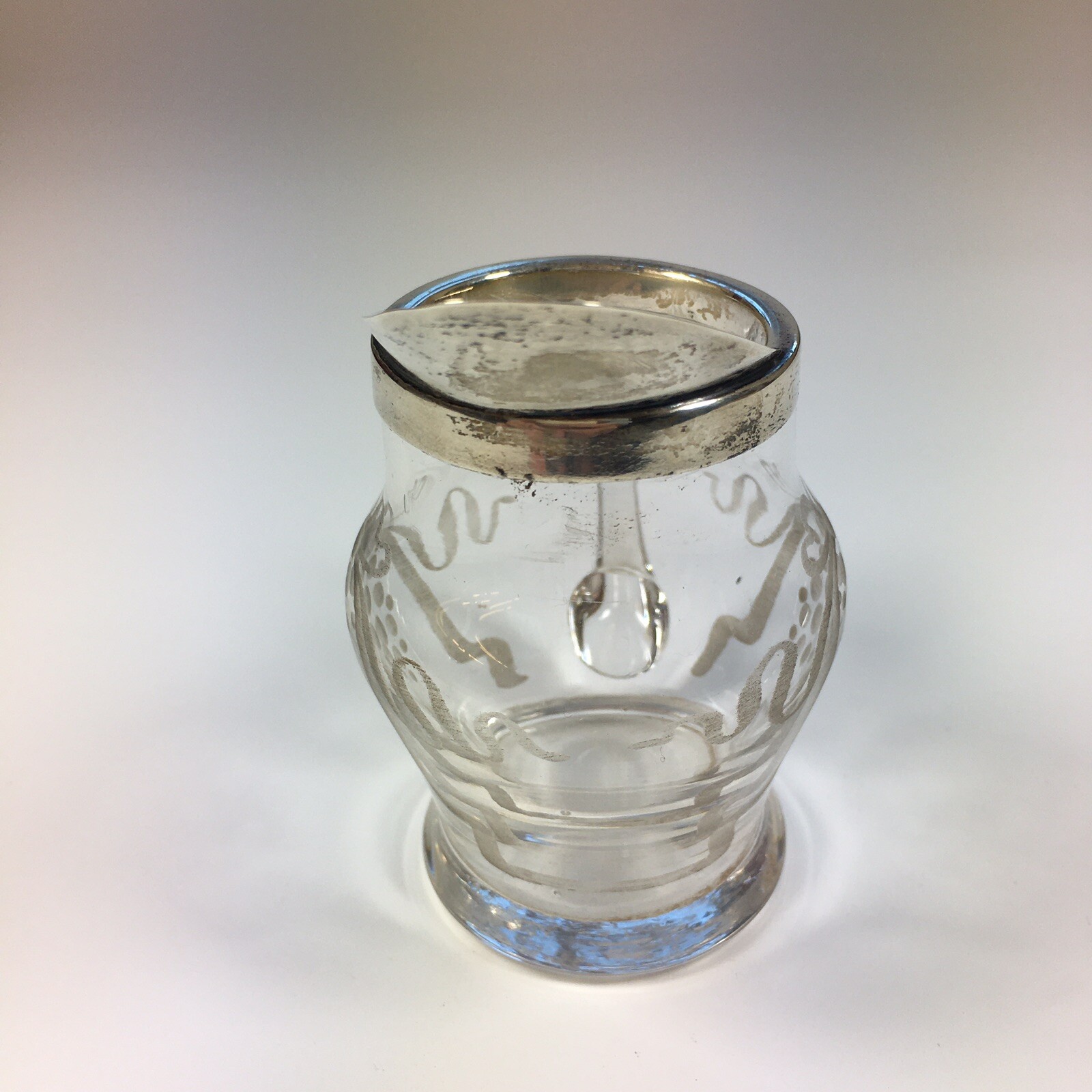 Antique 1913 Solid Silver Mounted Cream Jug Engraved Ribbon & Grape 7.5cm High
