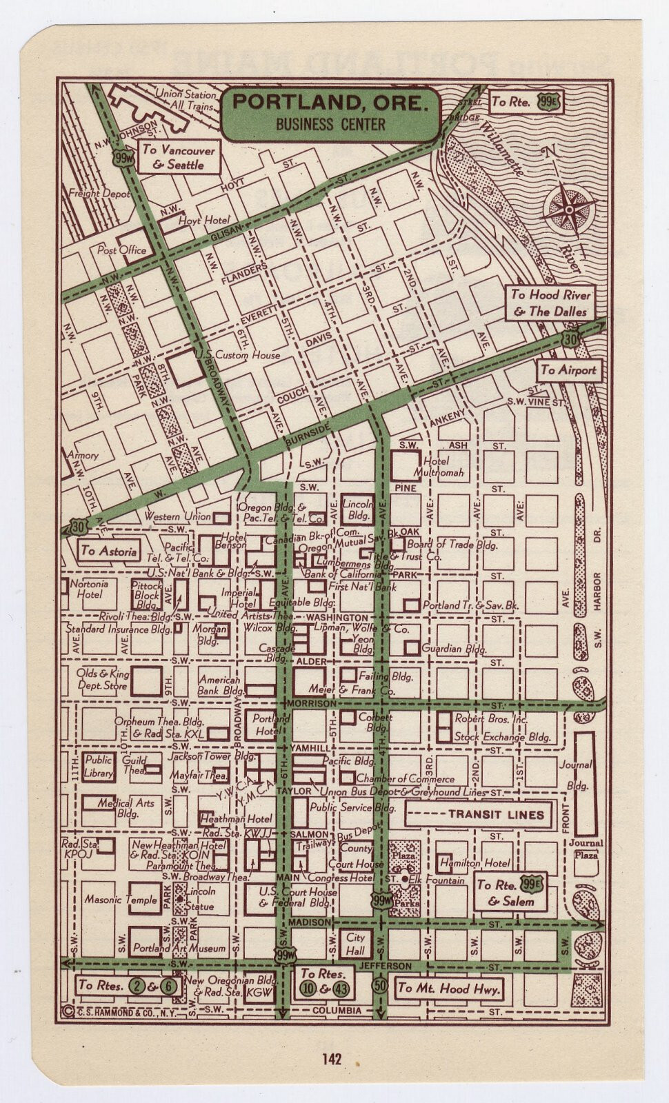 1951 ORIGINAL VINTAGE MAP OF PORTLAND OREGON DOWNTOWN BUSINESS CENTER