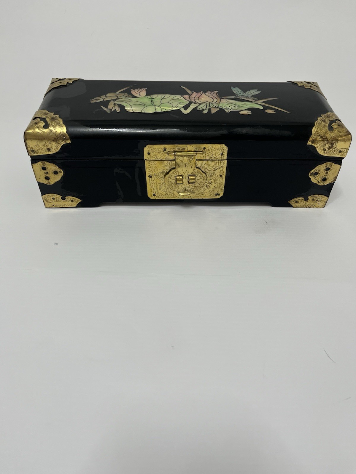 VINTAGE 1930s Chinese Mother Of Pearl BLACK Hot Pink LACQUER WOODEN JEWELRY BOX