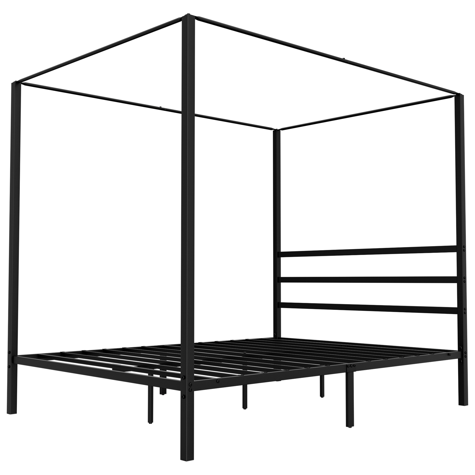Queen Size Canopy Bed Frame Sturdy w/ Built-in Headboard Under Bed Storage Space