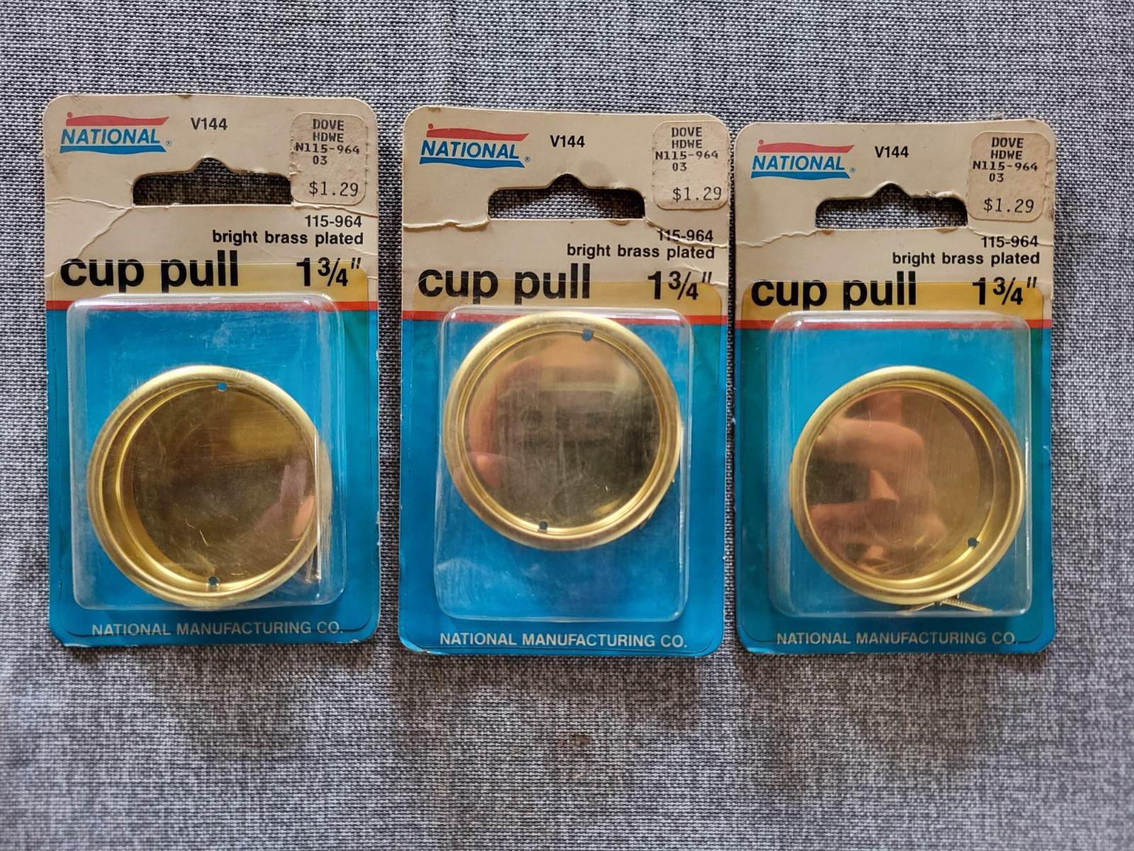 Brass Plated Cup Pulls, 1 3/4″ diameter, Set of 3, USA