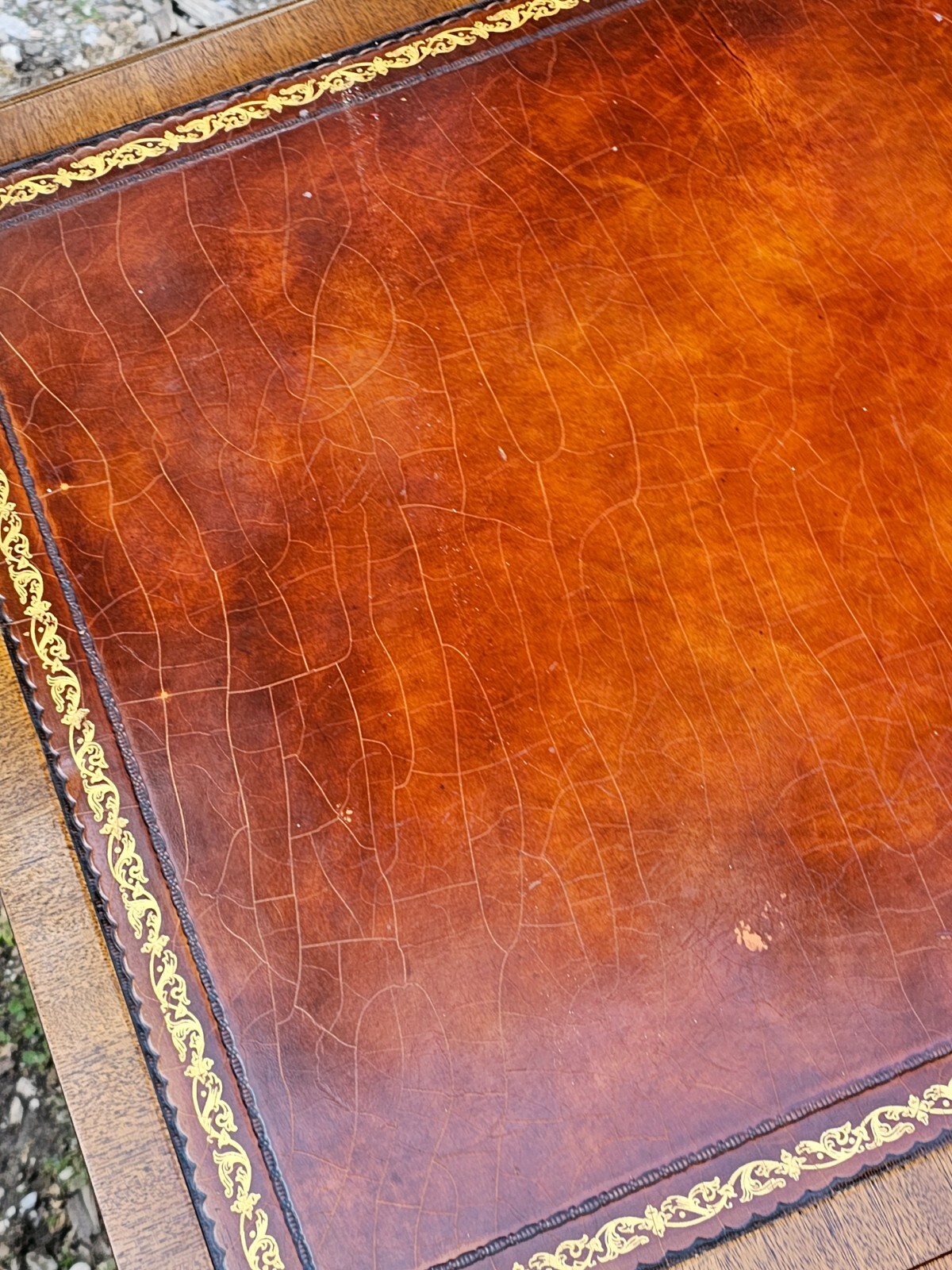 Antique Pembroke Double drop leaf leather top end table Pair by Weiman