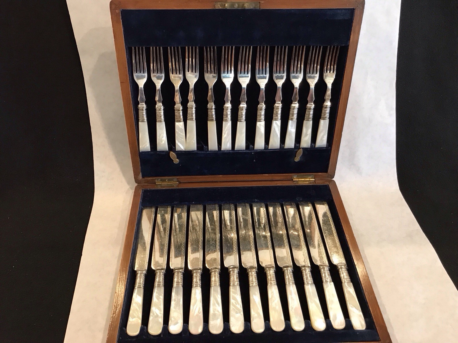 Antique sterling silver and mother of pearl 24 piece Dessert cutlery set