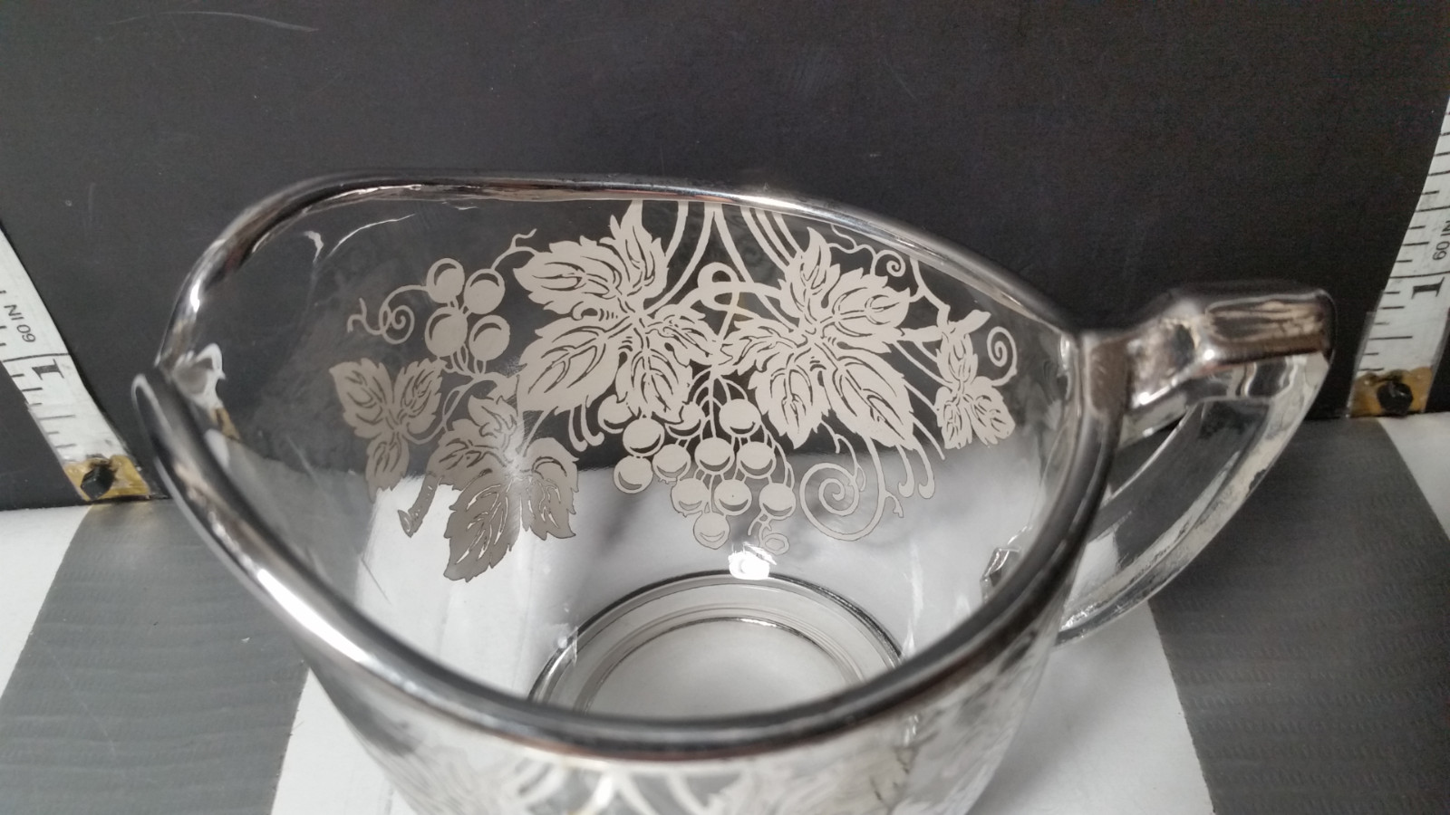 Vintage / Antique Clear Glass Creamer Cup w/Silver Overlay Grapes Pattern