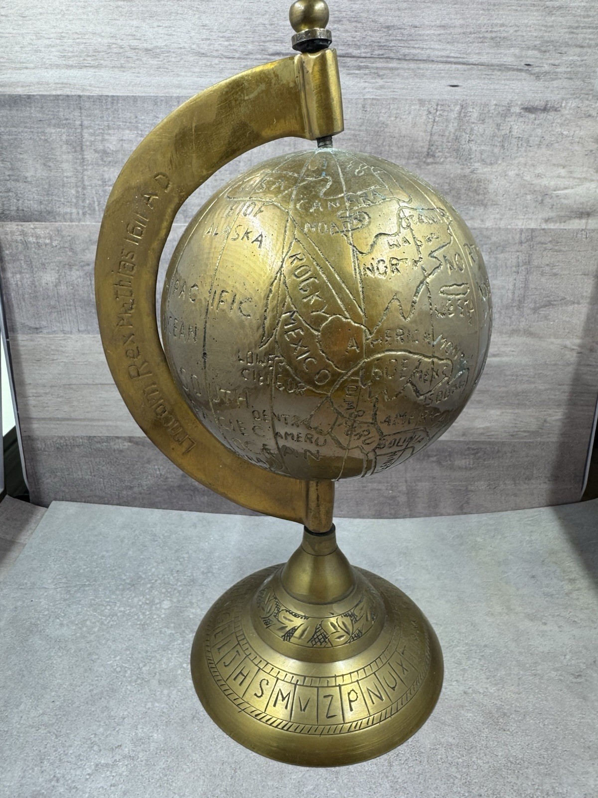 Antique Solid Brass World Map Globe 10” Lincoln Rex Mathias Handmade Heavy/Rare