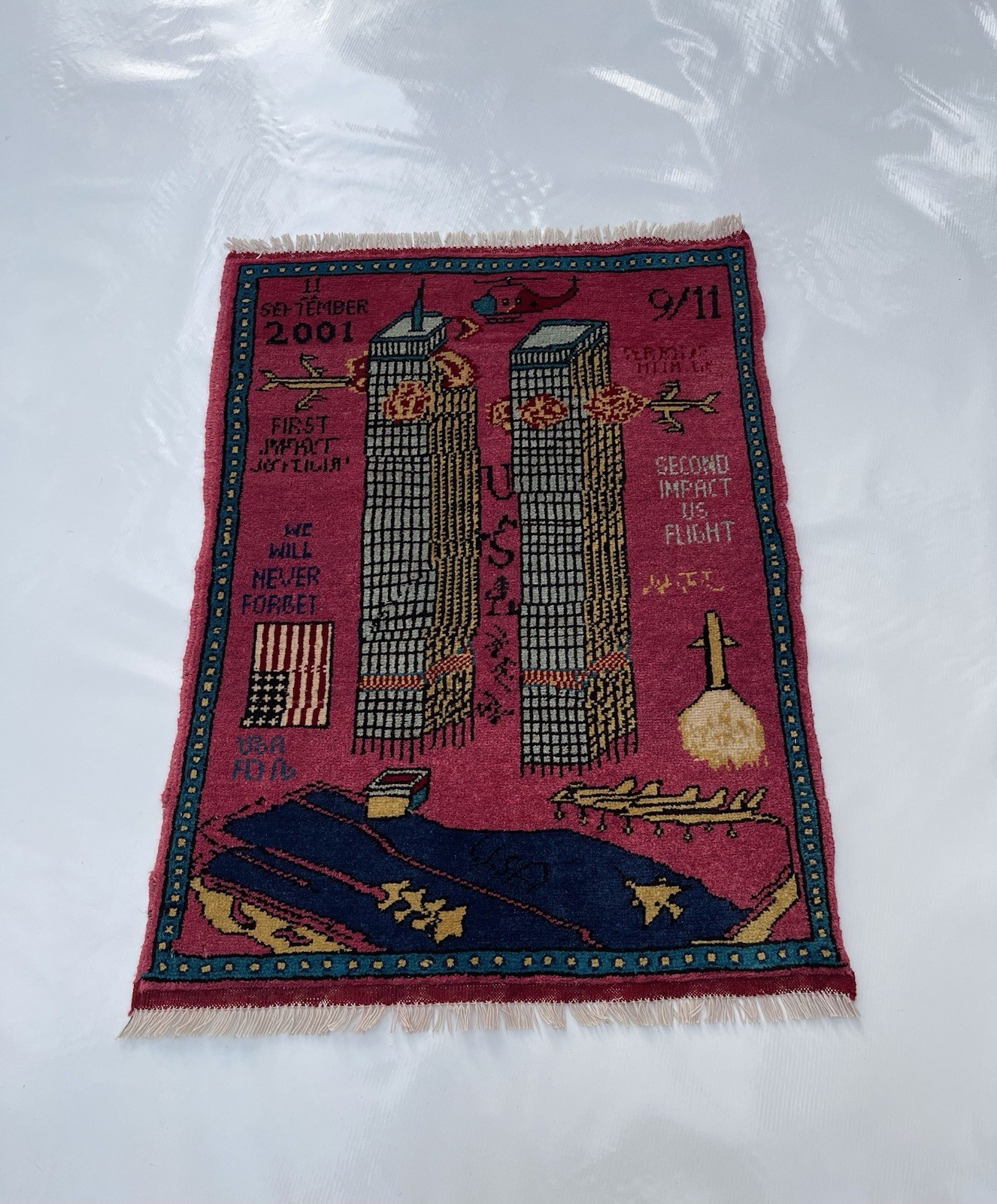 #721 Handmade rug 9/11 twin towers War Rug Afghan War Rug Handicrafts 82x64Cm