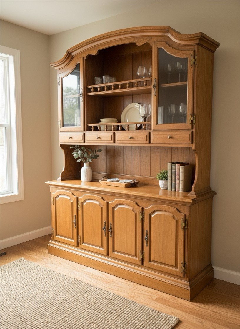 Vintage French Country Oak Style China Cabinet With Hutch