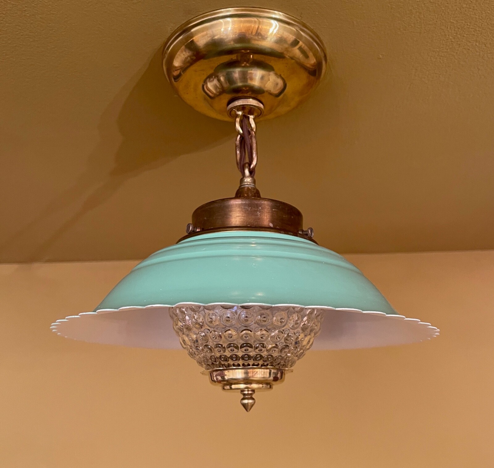 Vintage Lighting 1940s seafoam green and brass HOBNAIL kitchen light