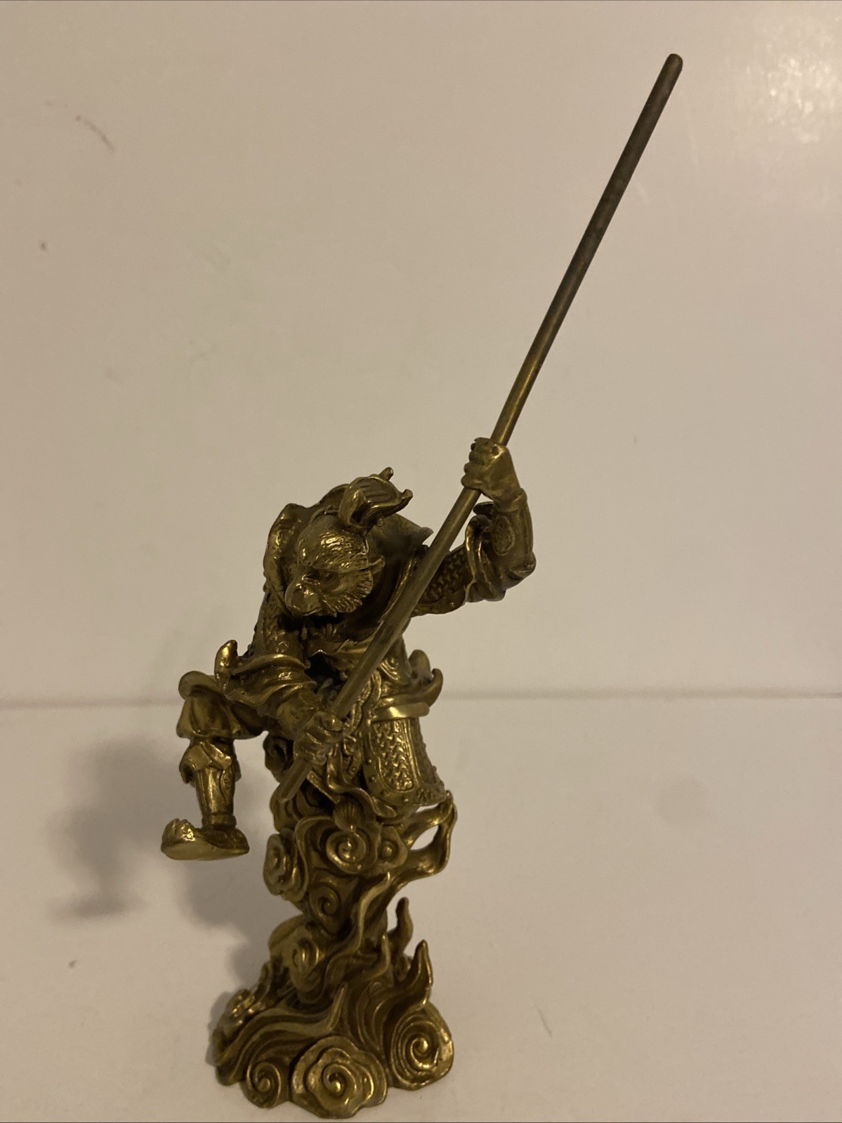8” China Myth Bronze Sun Wukong Monkey King Hold Stick Fight Statue