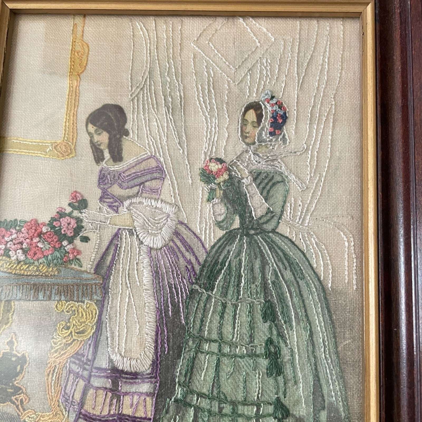 Antique 19th C. Godey’s Lady’s Book Set Two Embroidered Hand Tinted Framed Art