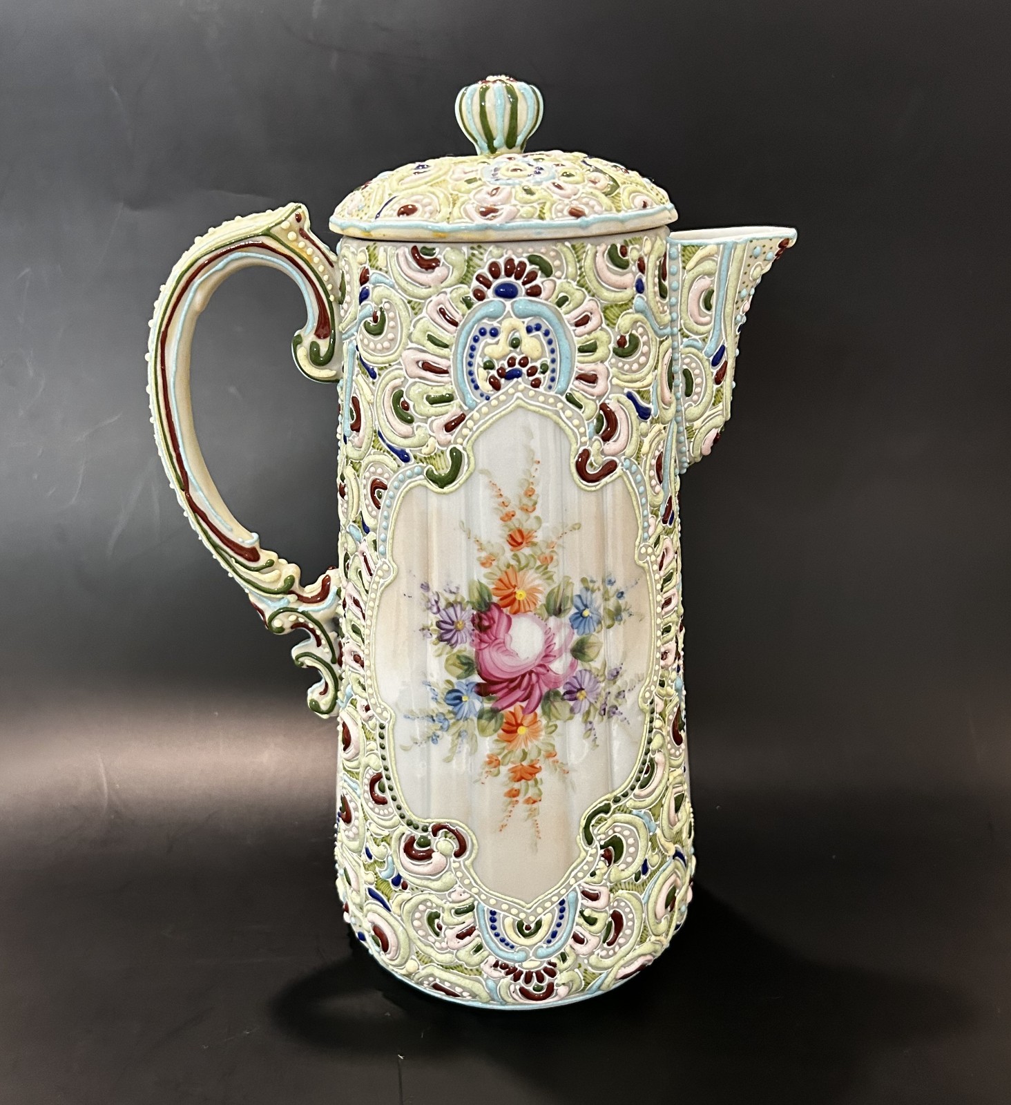 RARE Antique Nippon Jeweled Moriage Chocolate Pot FLUTED RIBBED Hand Painted 10″