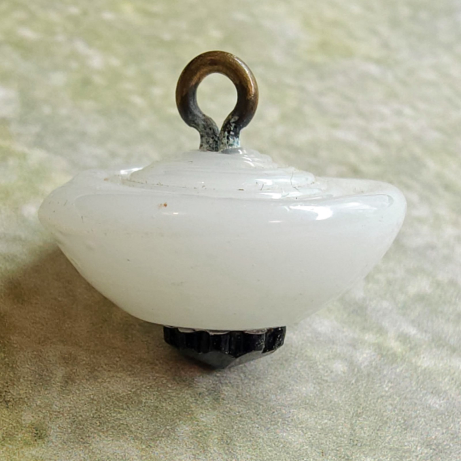 Antique Swirlback Charmstring Button ~ Milk Glass w/ Faceted Black Glass Coronet