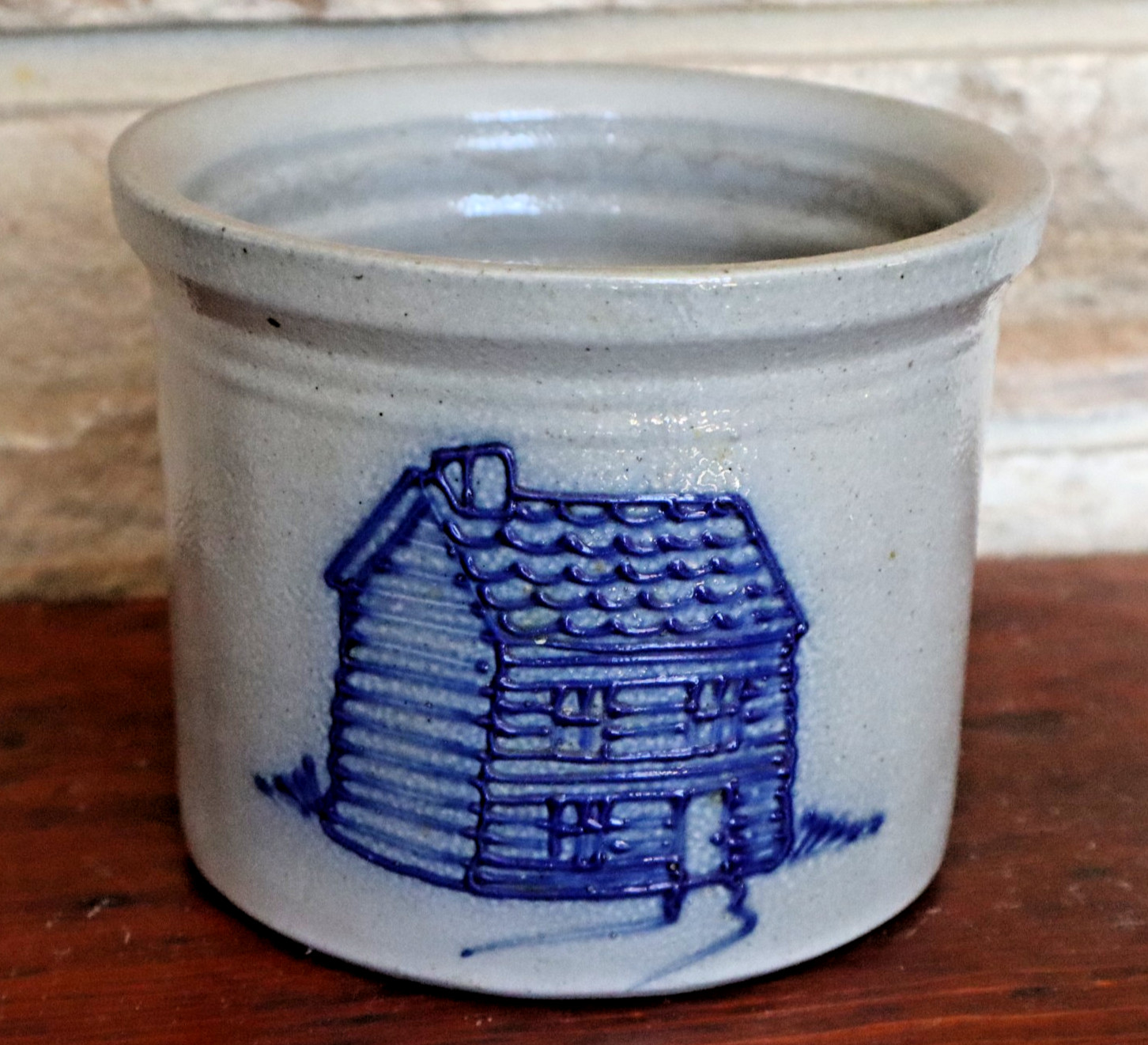 David Eldreth salt glazed pottery cobalt blue log cabin CROCK vtg 2000 folk art